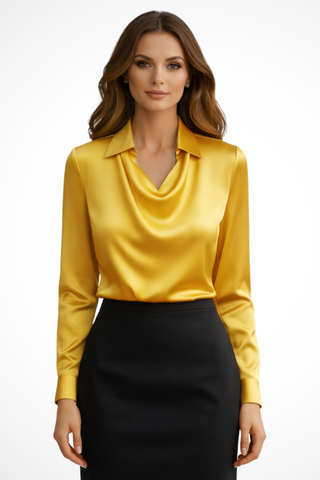Satin long-sleeve draped-neck blouse for women | Lyra -10