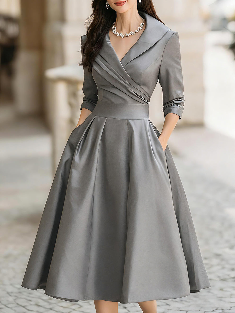 Vintage satin draped-collar midi dress for women -16