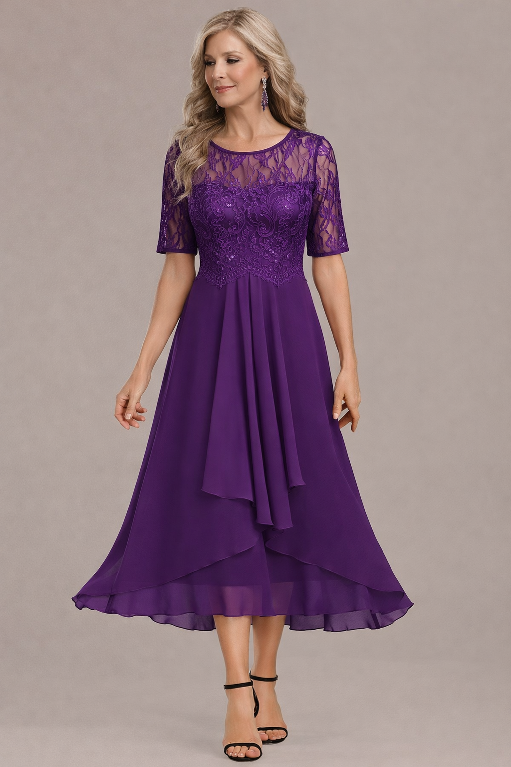 Printed Elegant lace sleeve round neck midi dress for women | Sophie