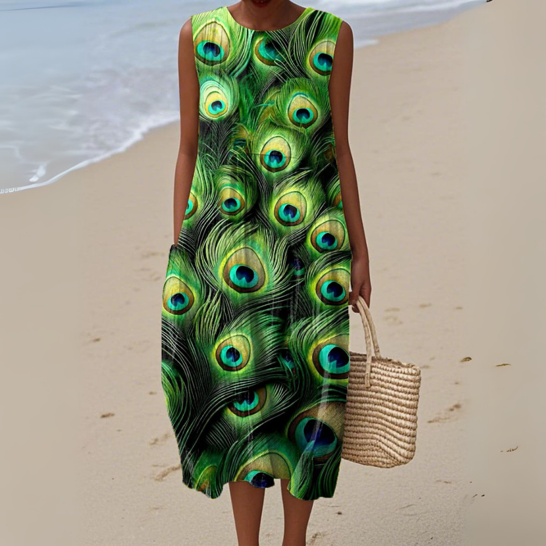 Haltered Watercolour peacock dress for women | Celina