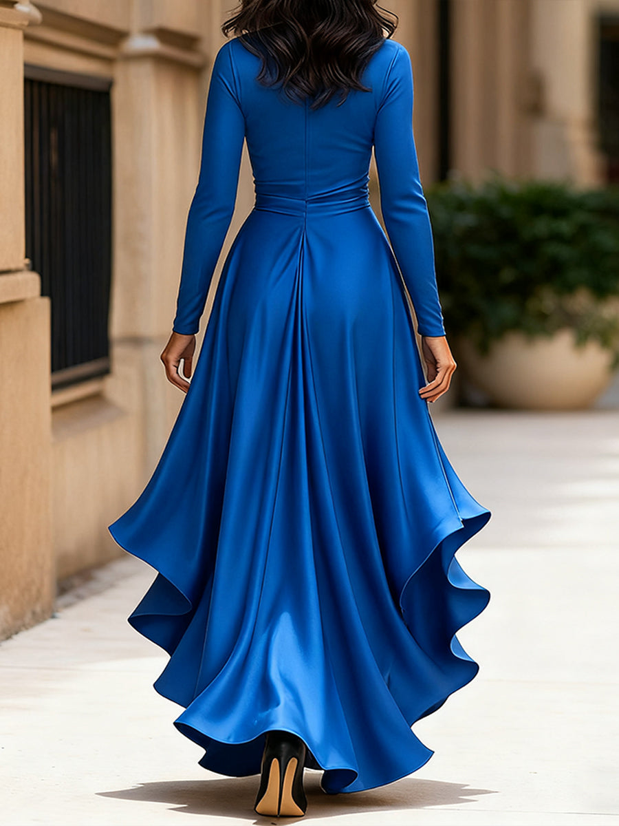 Midnight draped satin ruffle maxi dress for women -14