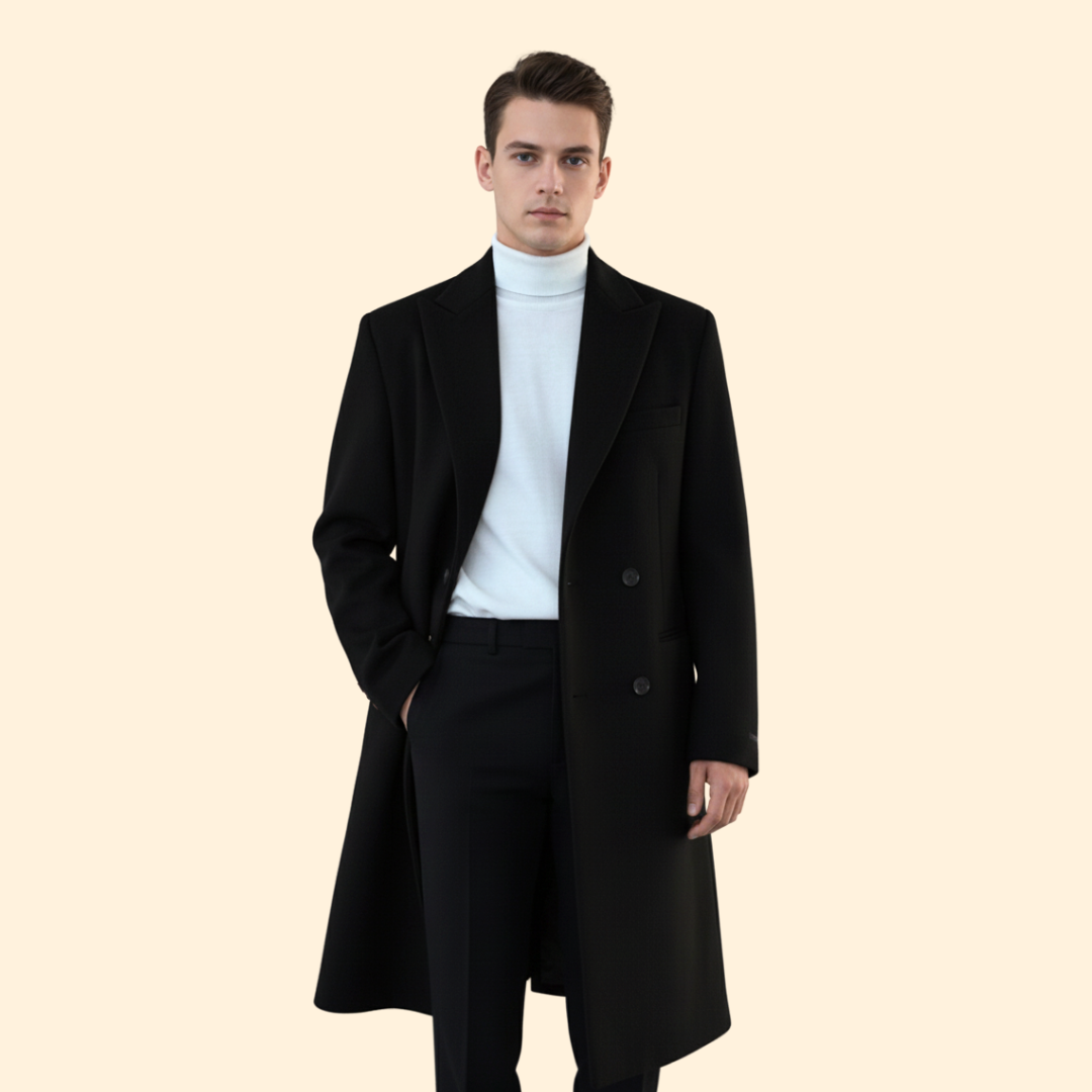 Long double-breasted tailored overcoat for men -6