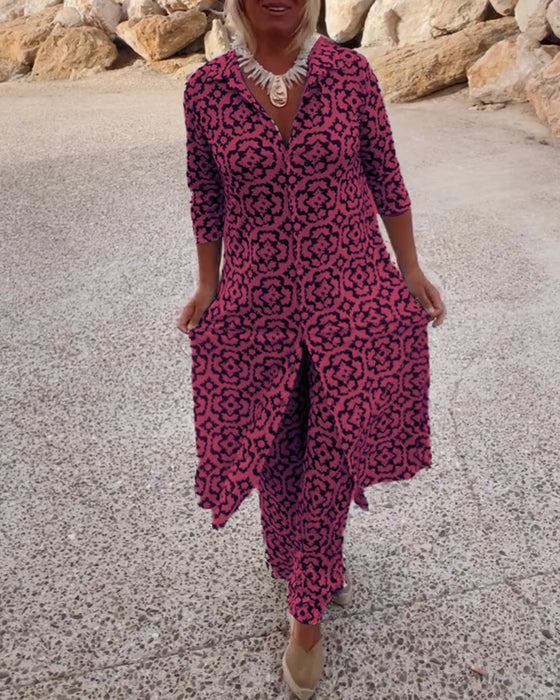 Button-front printed two-piece set for women | Laura -3