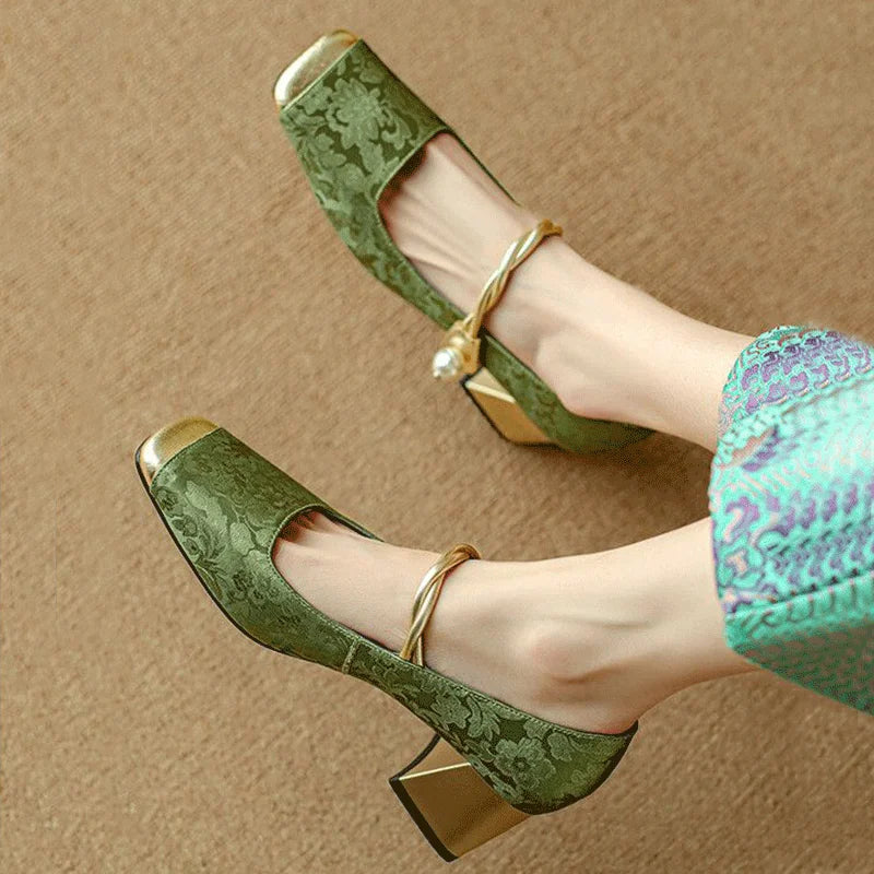 Elegant floral embossed square toe heels for women | Casvian -10