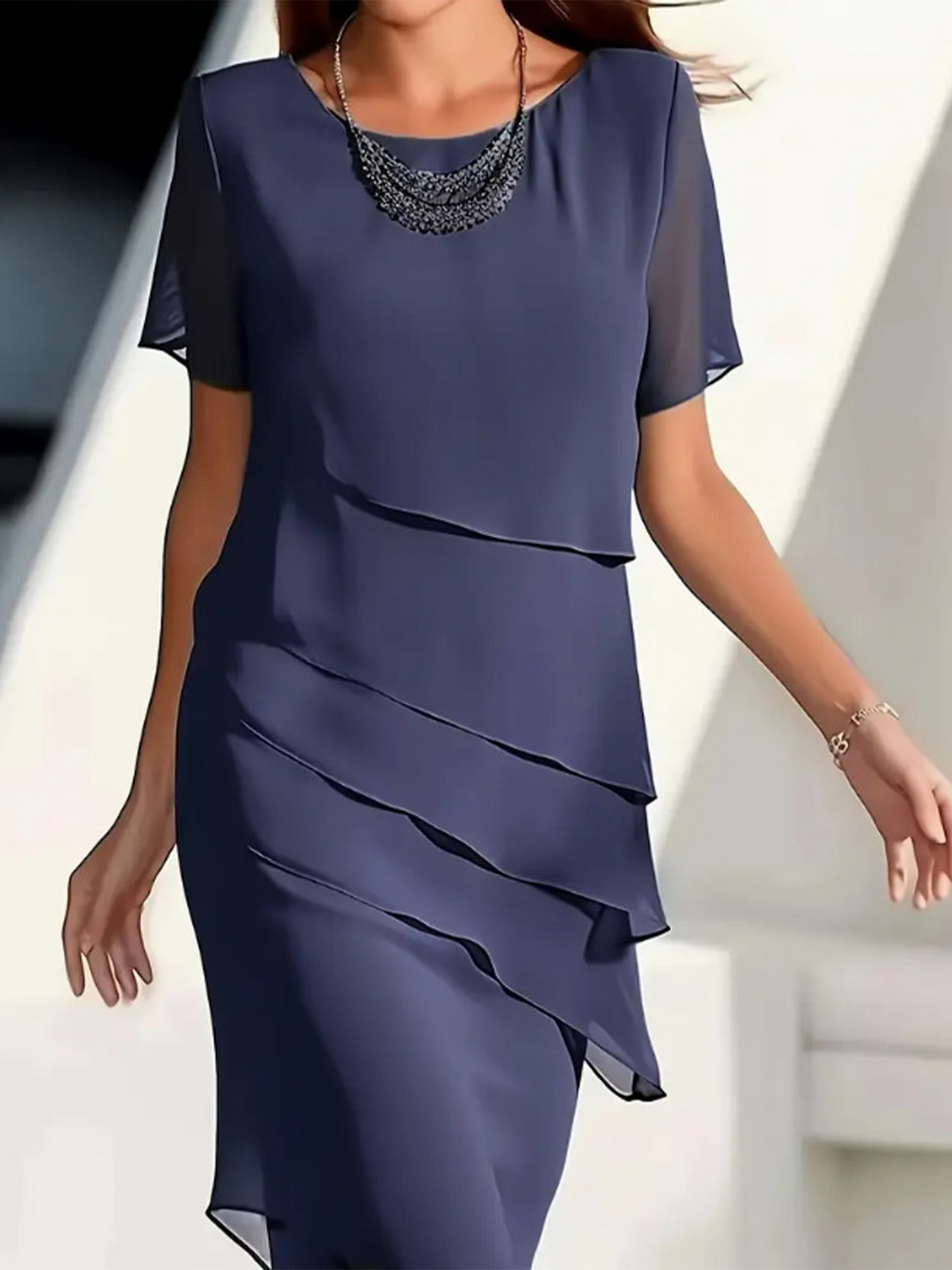 Elegant sheer-sleeve layered midi dress for women | Kendra -8
