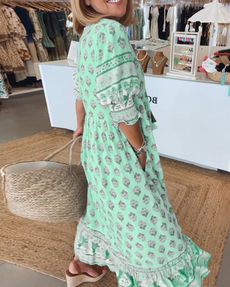 Bohemian tassel-detail relaxed midi dress for women | Verity -9