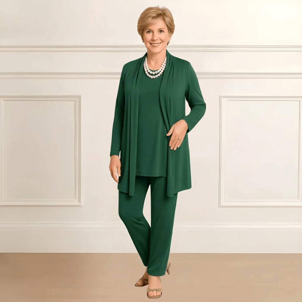 Fuzzy Three-piece cardigan, top and pants set for women | Rosy