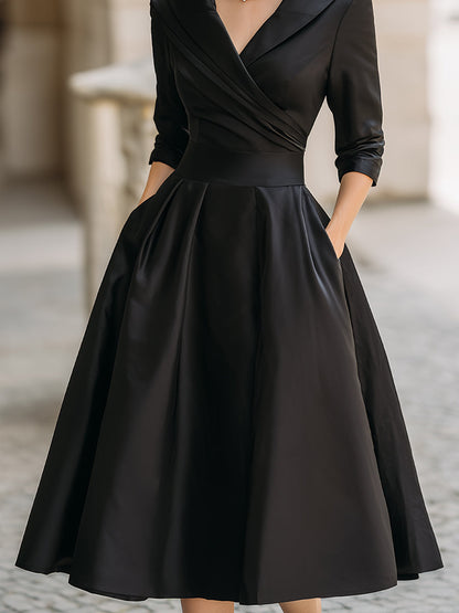Vintage satin draped-collar midi dress for women -3
