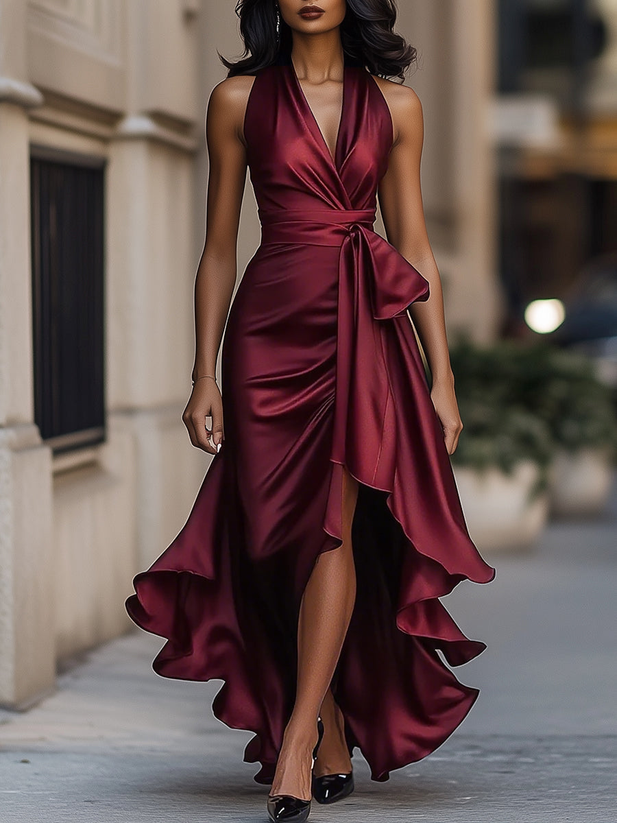 Sleek satin halter ruffle evening gown for women -7