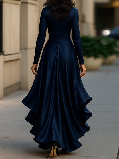 Midnight draped satin ruffle maxi dress for women -4