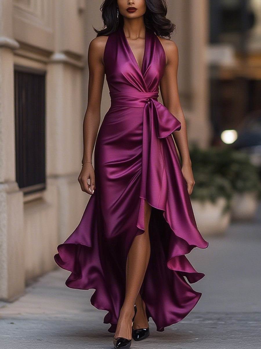 Sleek satin halter ruffle evening gown for women -17