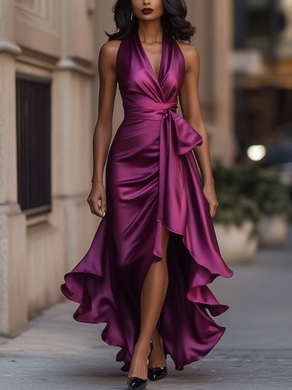 Sleek satin halter ruffle evening gown for women -17