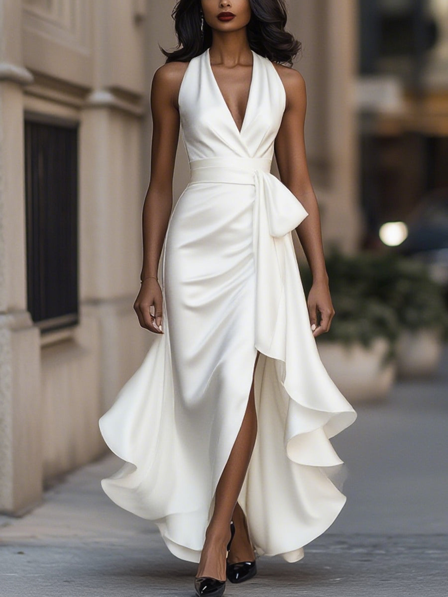 Sleek satin halter ruffle evening gown for women -9