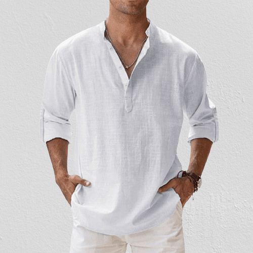 Casual linen blend henley shirt for men -3