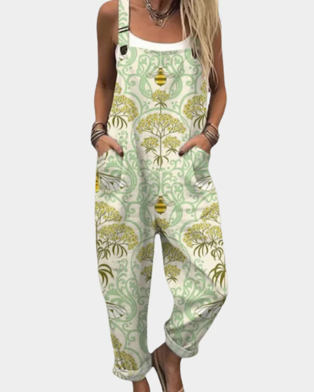 Printed wide-leg adjustable strap jumpsuit for women | Elira -3