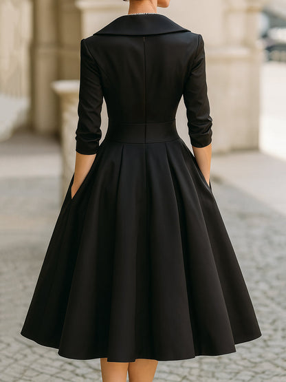 Vintage satin draped-collar midi dress for women -4