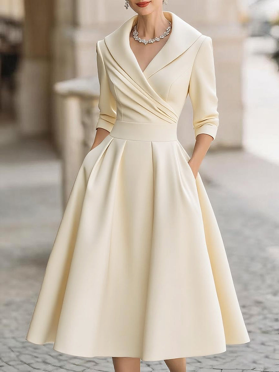 Vintage satin draped-collar midi dress for women -13