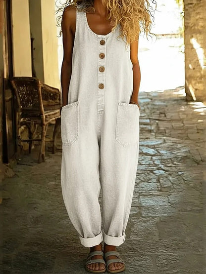 Sleeveless washed denim casual jumpsuit for women | Maren -5