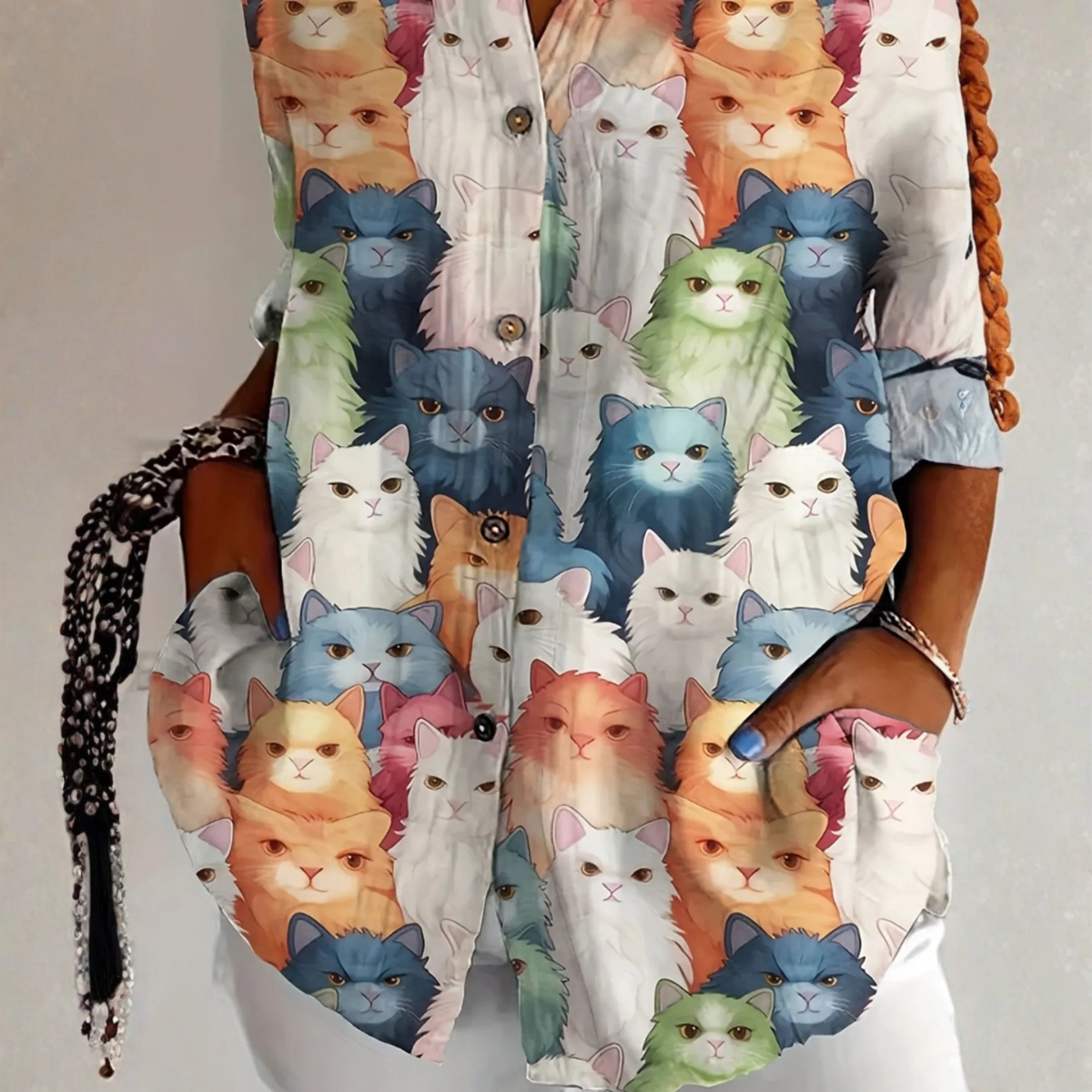 Fitted Cat print blouse with relaxed silhouette for women | Cateline