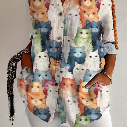 Fitted Cat print blouse with relaxed silhouette for women | Cateline
