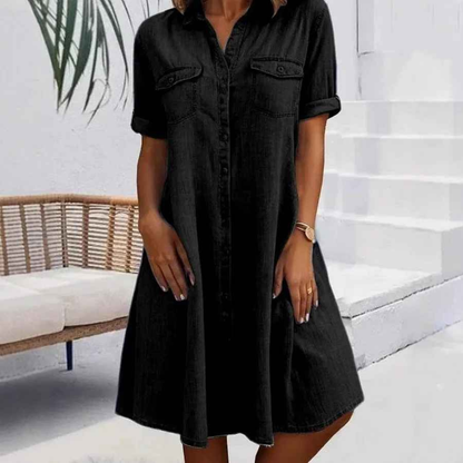 Asymmetric Casual dress with button neckline and front pockets for women | Ruby