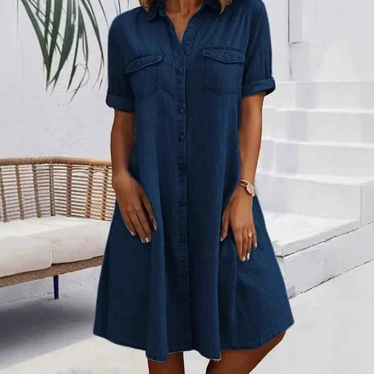 Asymmetric Casual dress with button neckline and front pockets for women | Ruby