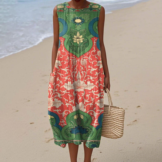 Cowled Artistic sleeveless dress with flowing silhouette for women | Leilani
