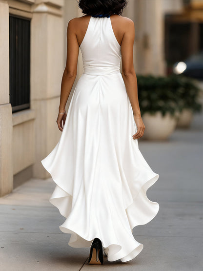 Sleek satin halter ruffle evening gown for women -10