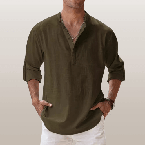 Casual linen blend henley shirt for men -9