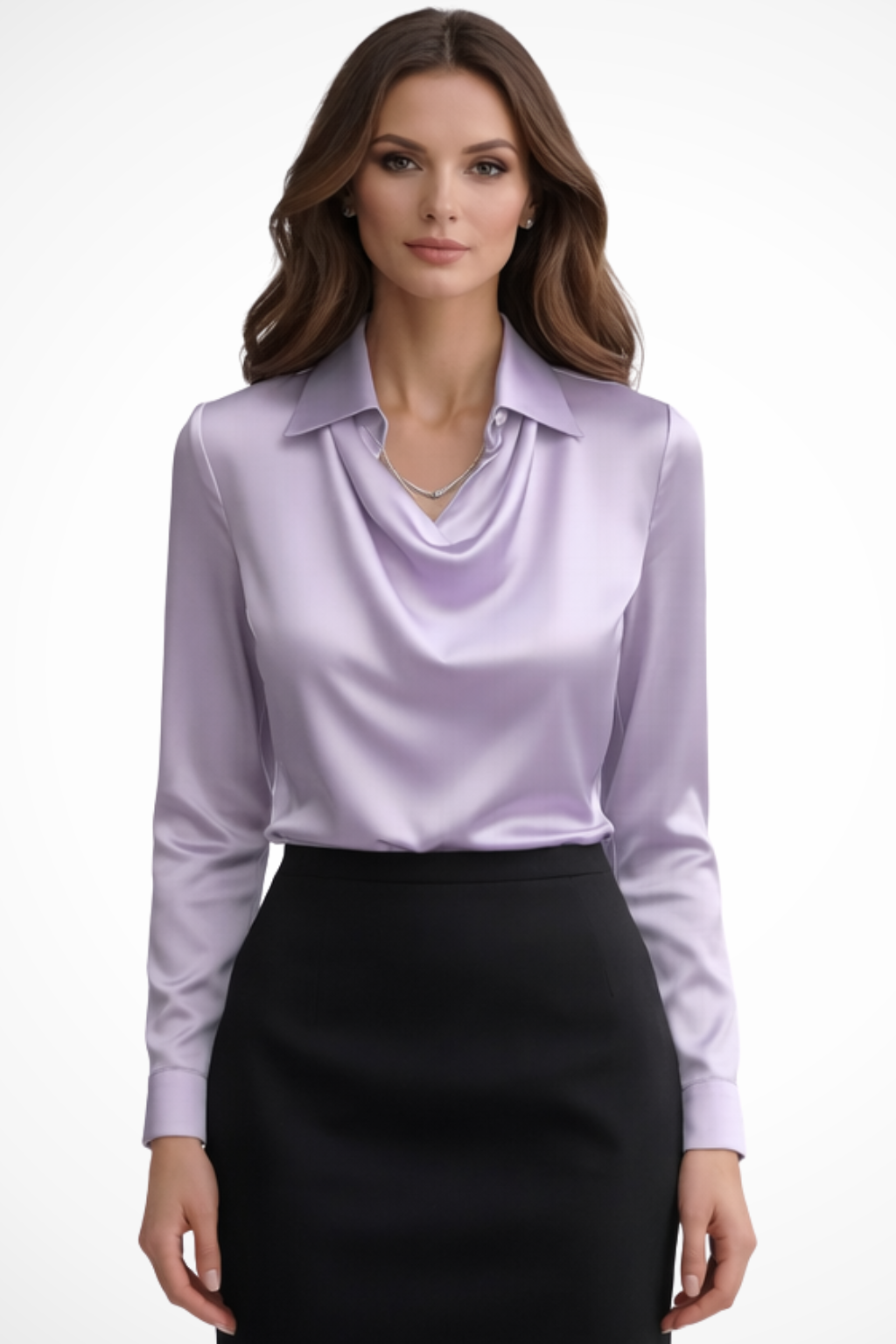 Satin long-sleeve draped-neck blouse for women | Lyra -7