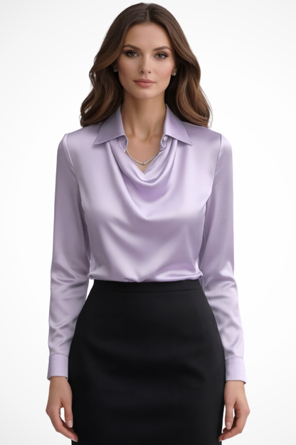 Satin long-sleeve draped-neck blouse for women | Lyra -7