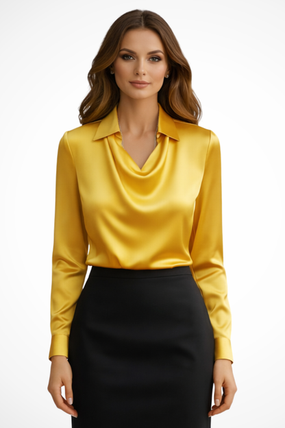 Satin long-sleeve draped-neck blouse for women | Lyra -10