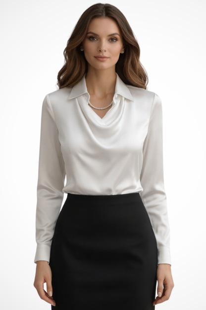 Satin long-sleeve draped-neck blouse for women | Lyra -1