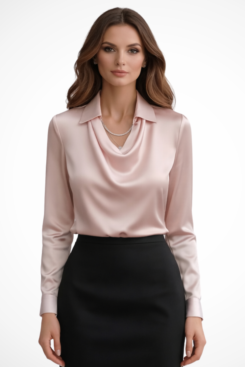 Satin long-sleeve draped-neck blouse for women | Lyra -9