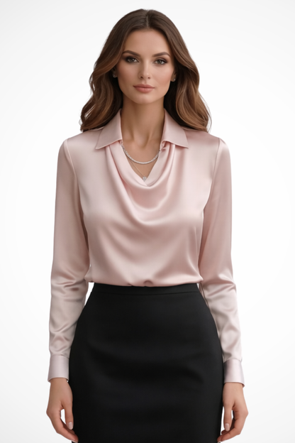 Satin long-sleeve draped-neck blouse for women | Lyra -9