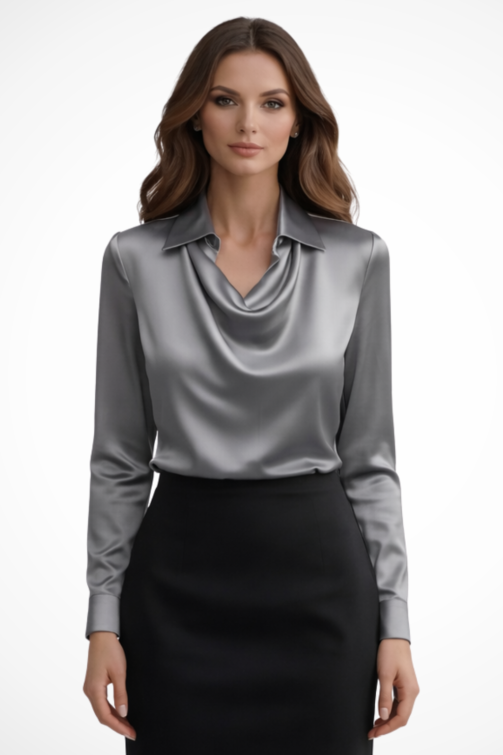Satin long-sleeve draped-neck blouse for women | Lyra -8