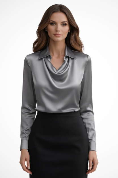 Satin long-sleeve draped-neck blouse for women | Lyra -8