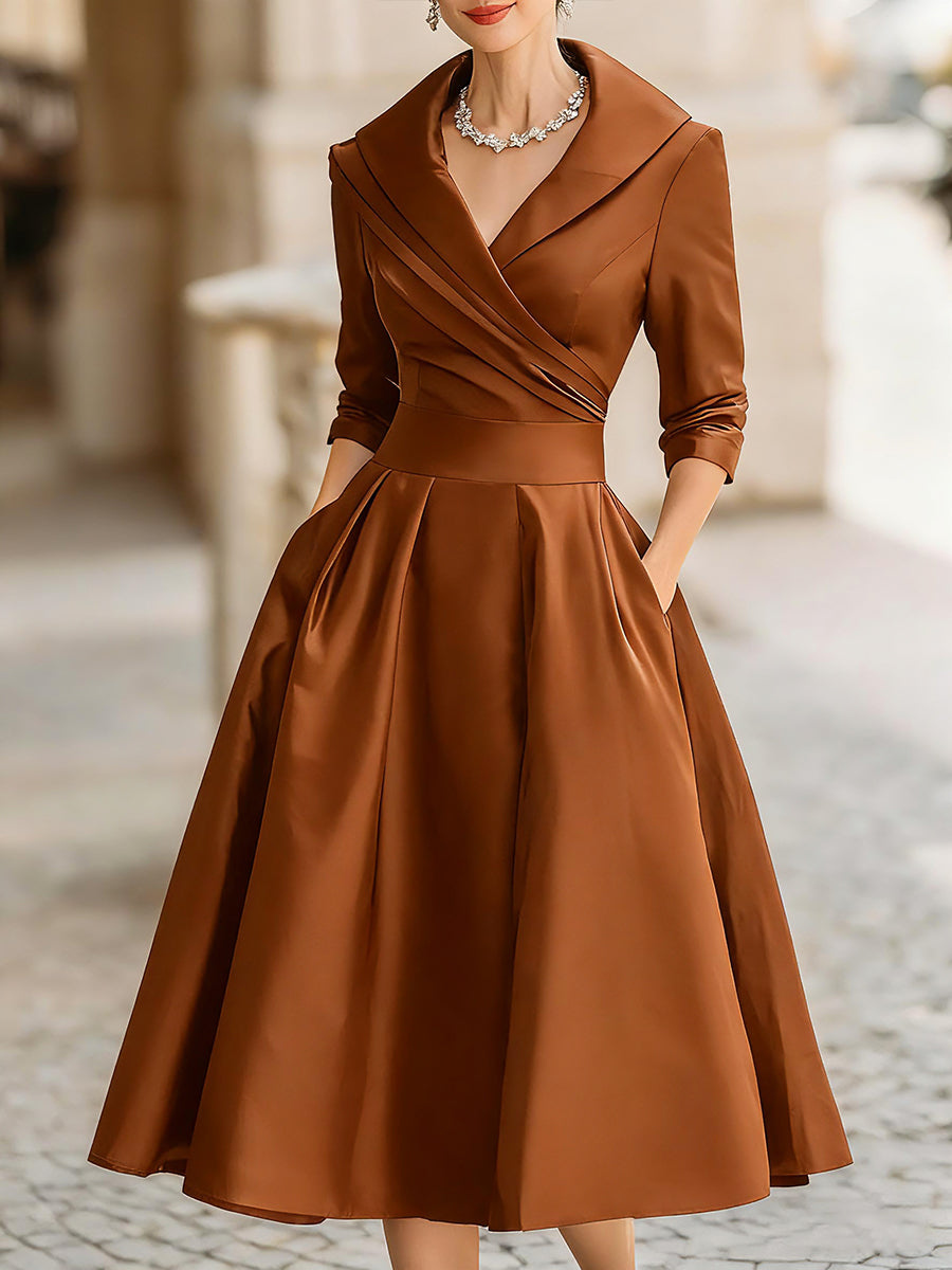 Vintage satin draped-collar midi dress for women -15
