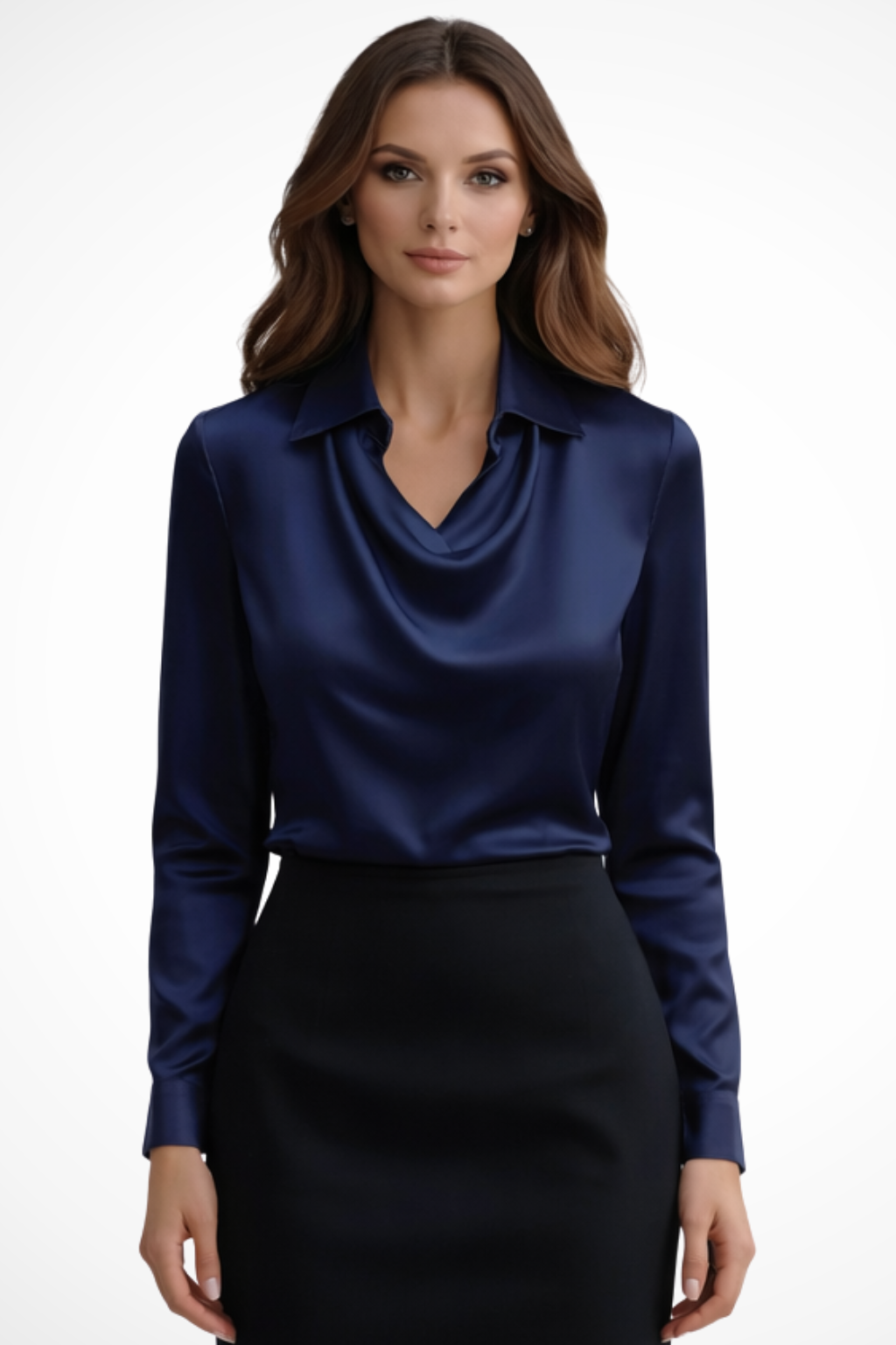 Satin long-sleeve draped-neck blouse for women | Lyra -3