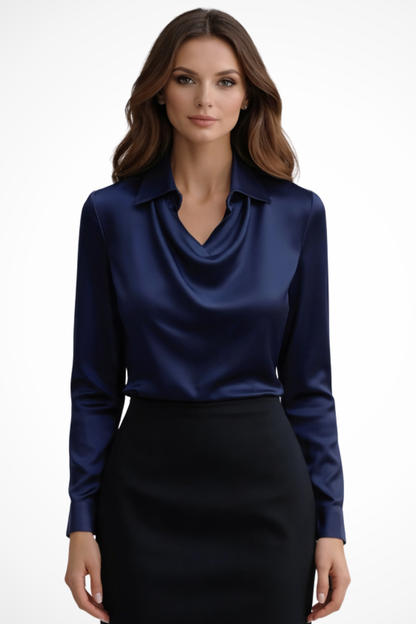 Satin long-sleeve draped-neck blouse for women | Lyra -3