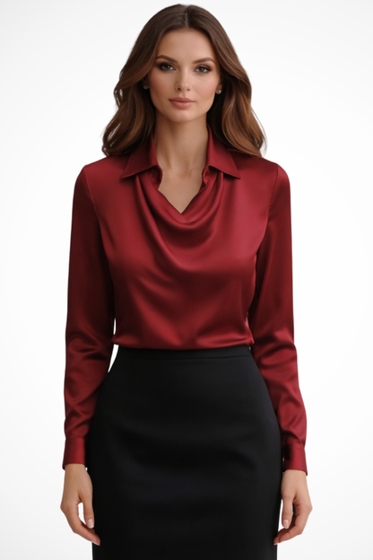 Satin long-sleeve draped-neck blouse for women | Lyra -4