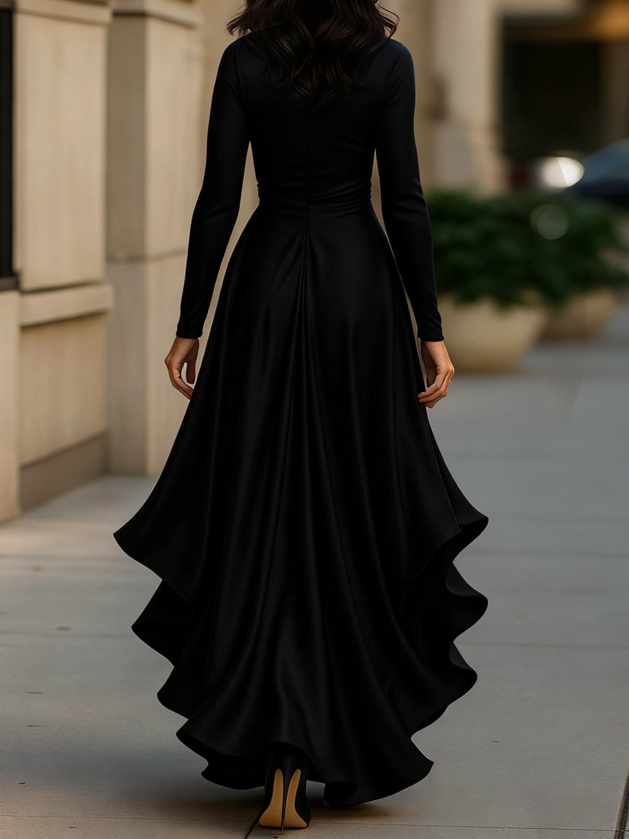 Midnight draped satin ruffle maxi dress for women -6