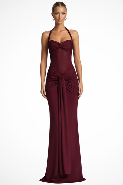 Halter-neck ruched wedding guest maxi dress for women | Celine -1