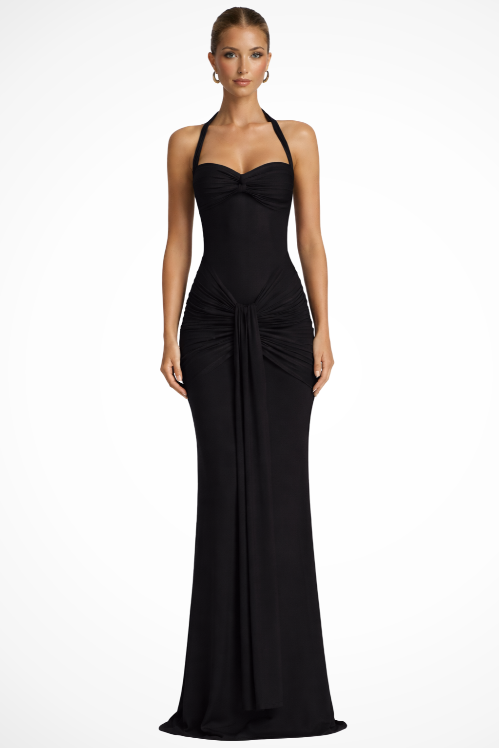 Halter-neck ruched wedding guest maxi dress for women | Celine -3