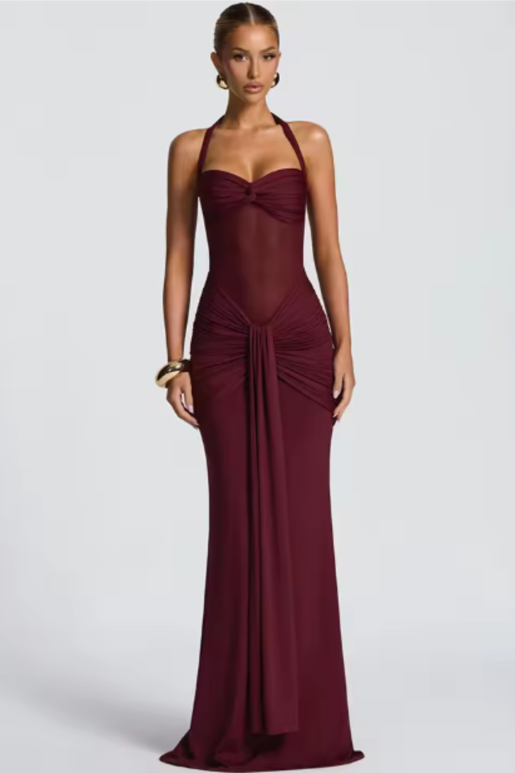 Halter-neck ruched wedding guest maxi dress for women | Celine -2