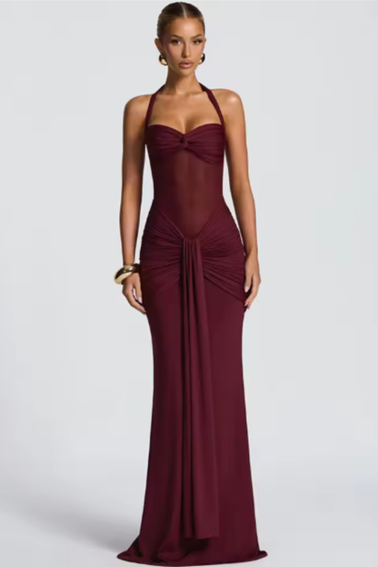 Halter-neck ruched wedding guest maxi dress for women | Celine -2