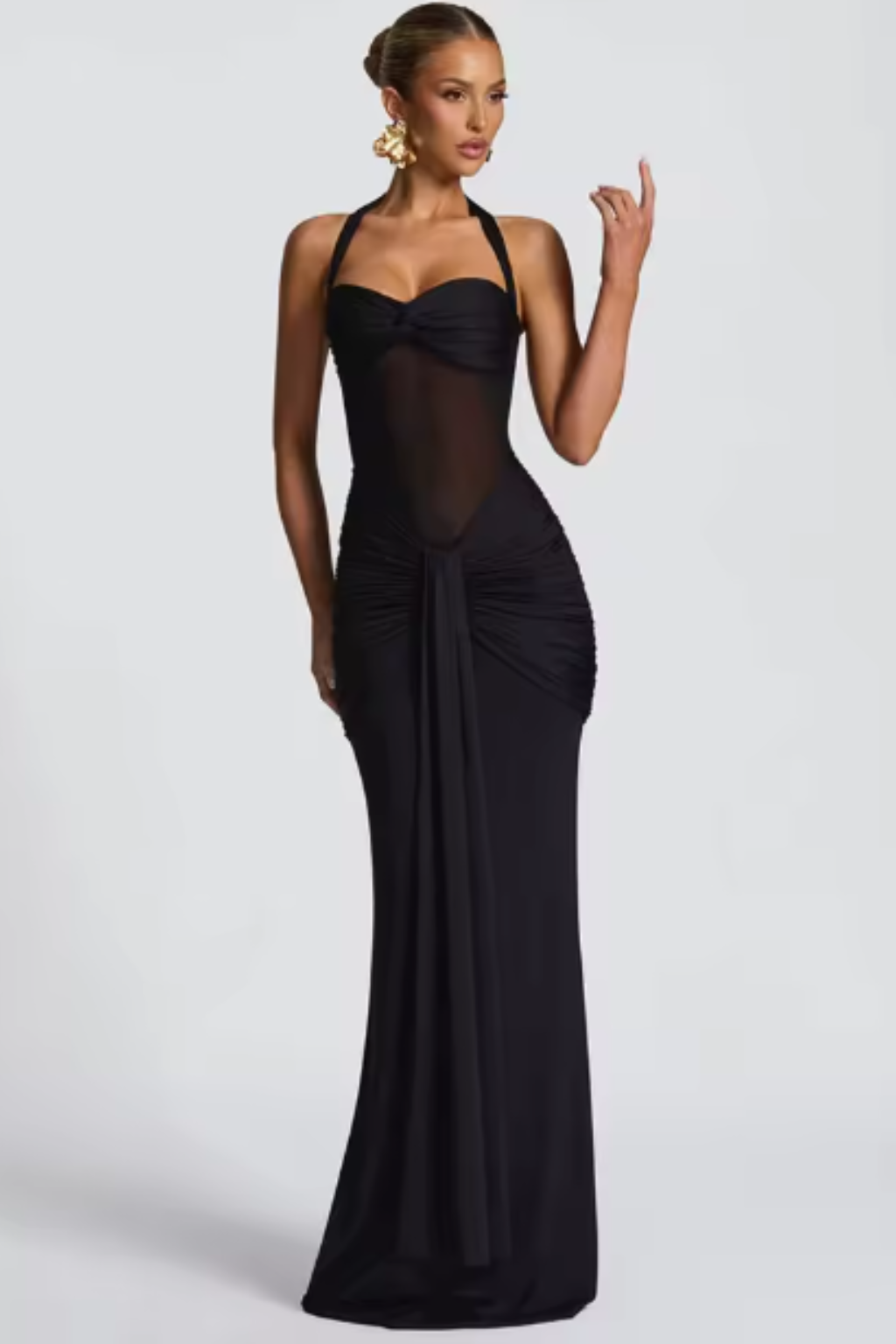 Halter-neck ruched wedding guest maxi dress for women | Celine -4