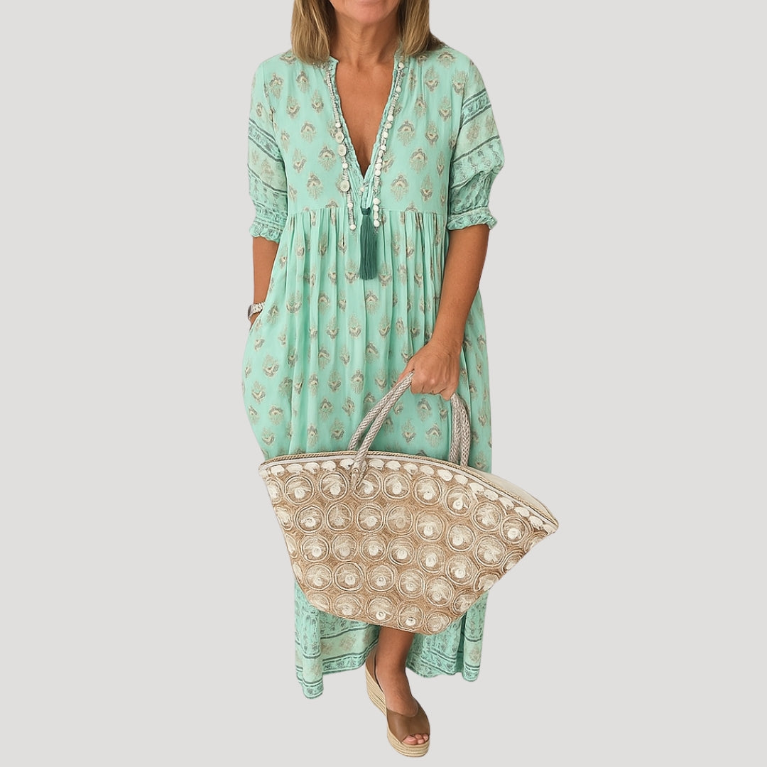 Crepe Boho midi dress with printed design for women | Liora