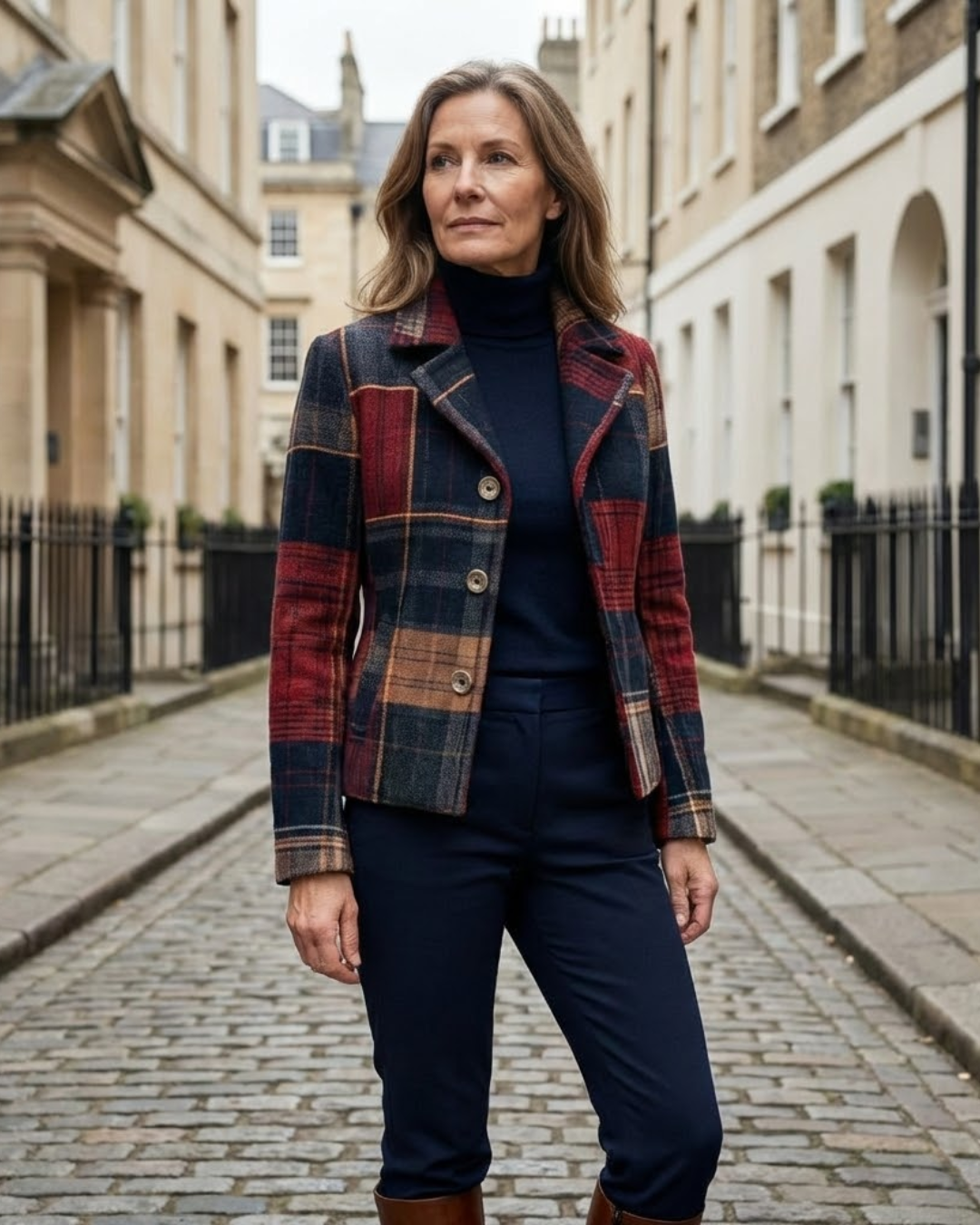 Classic plaid stand-collar jacket for women | Ira -6
