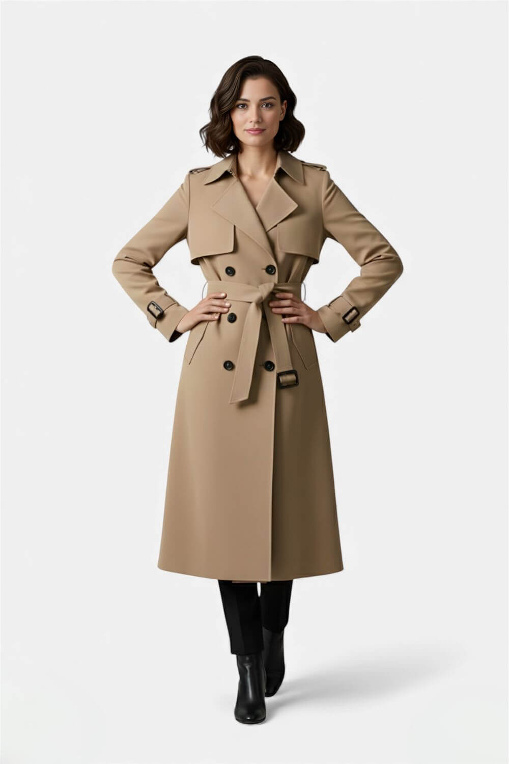 Cocooned Belted long trench coat with double-button front for women | Caurelle